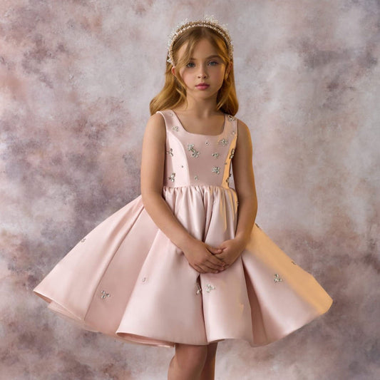 Elegant Pink Satin Girl Dresses Square Collar for Kids Party Gown J145