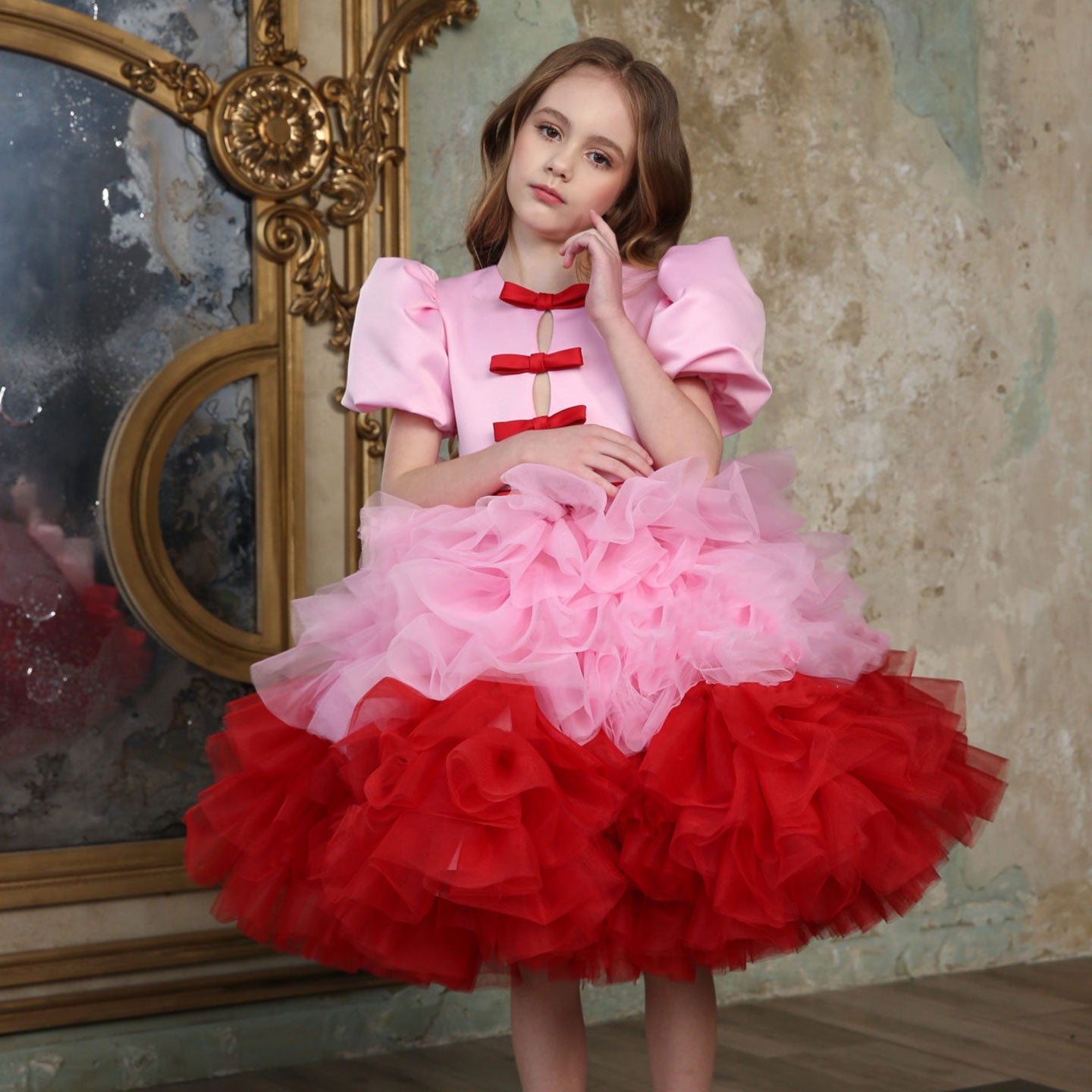Elegant Red Girl Dress Sage Green for Princess J155