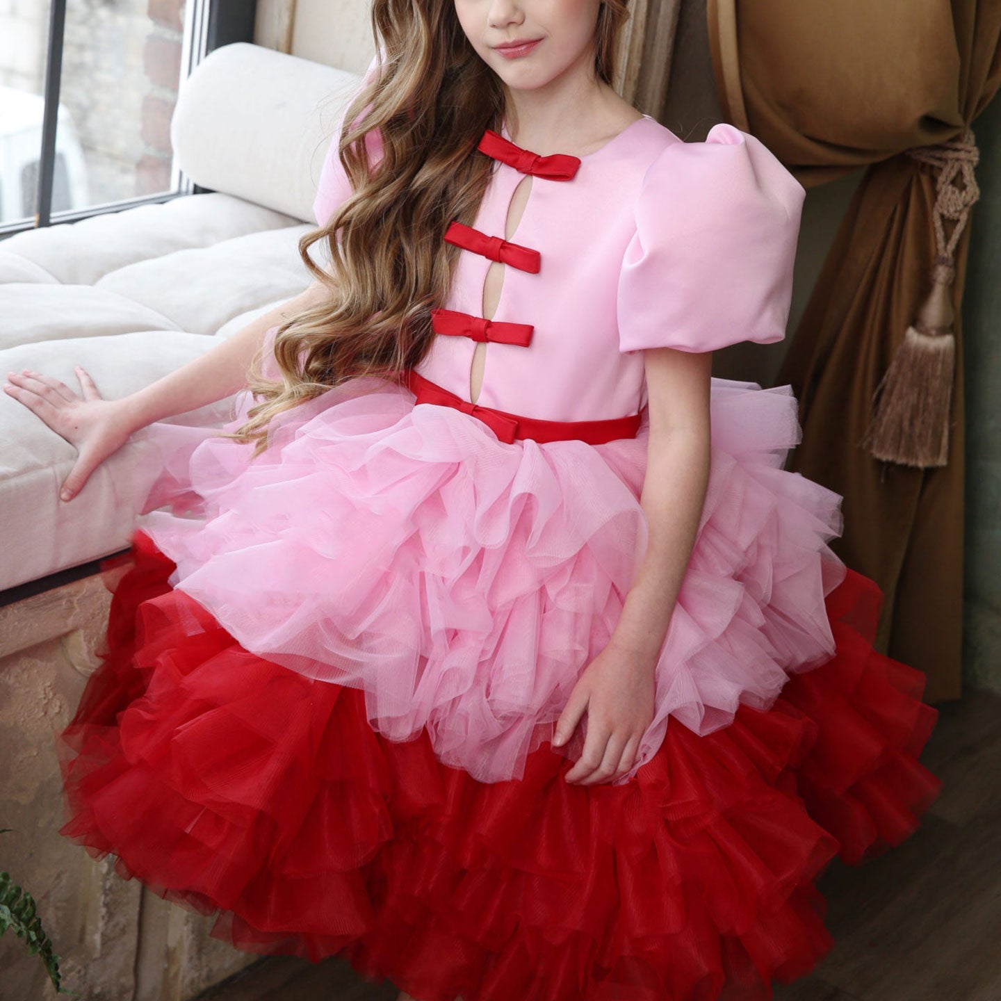 Elegant Red Girl Dress Sage Green for Princess J155