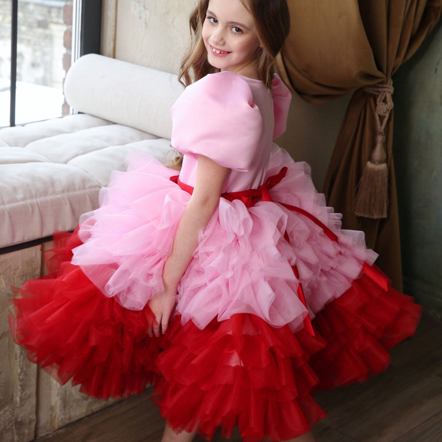Elegant Red Girl Dress Sage Green for Princess J155