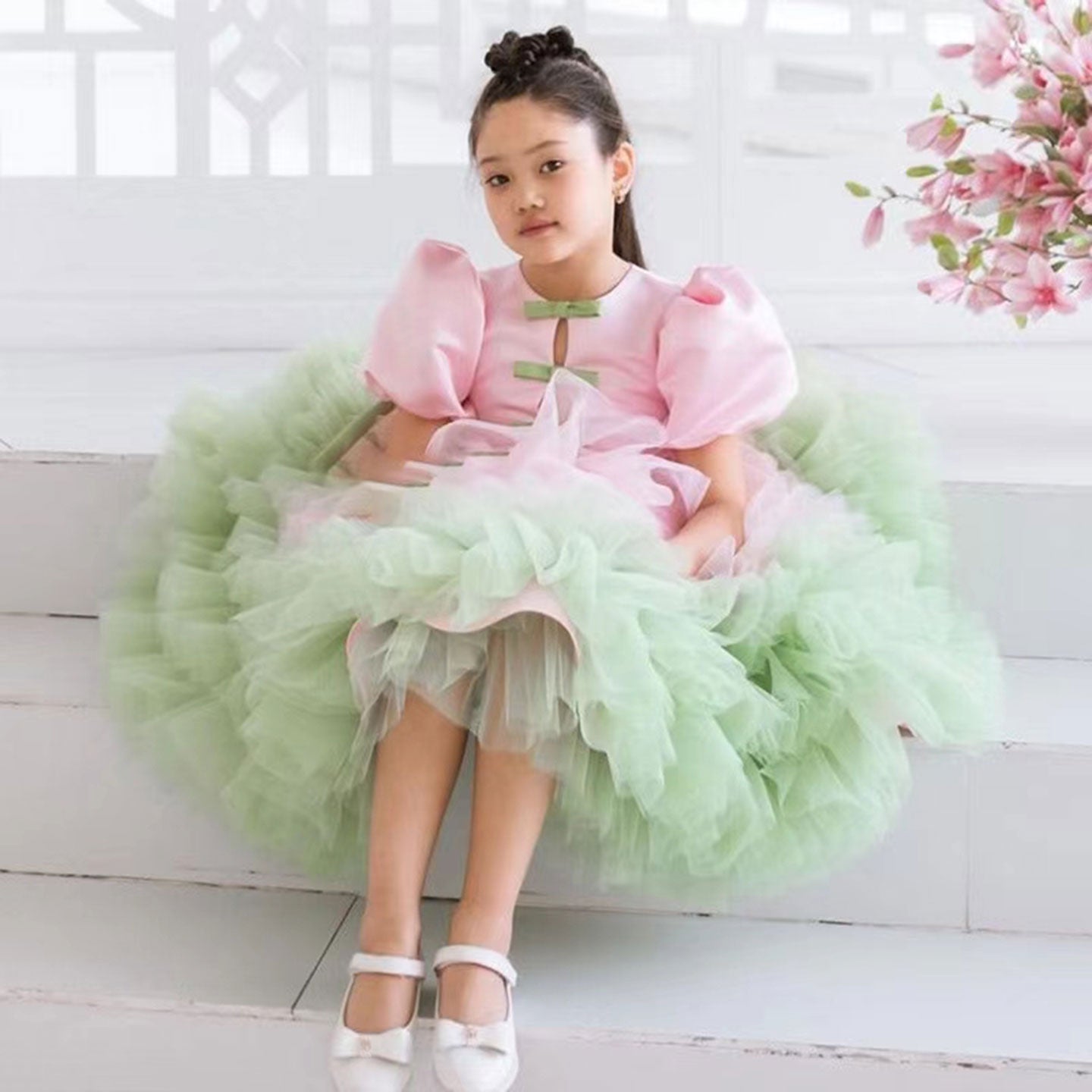 Elegant Red Girl Dress Sage Green for Princess J155