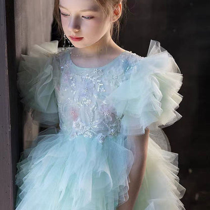 Elegant Sage Green Flower Girl Dress Arabic Princess Kids J077