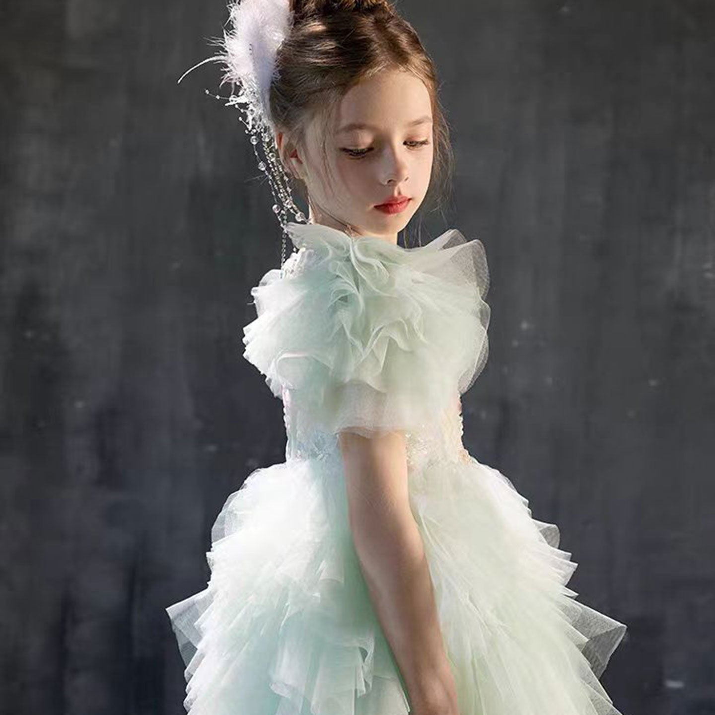 Elegant Sage Green Flower Girl Dress Arabic Princess Kids J077