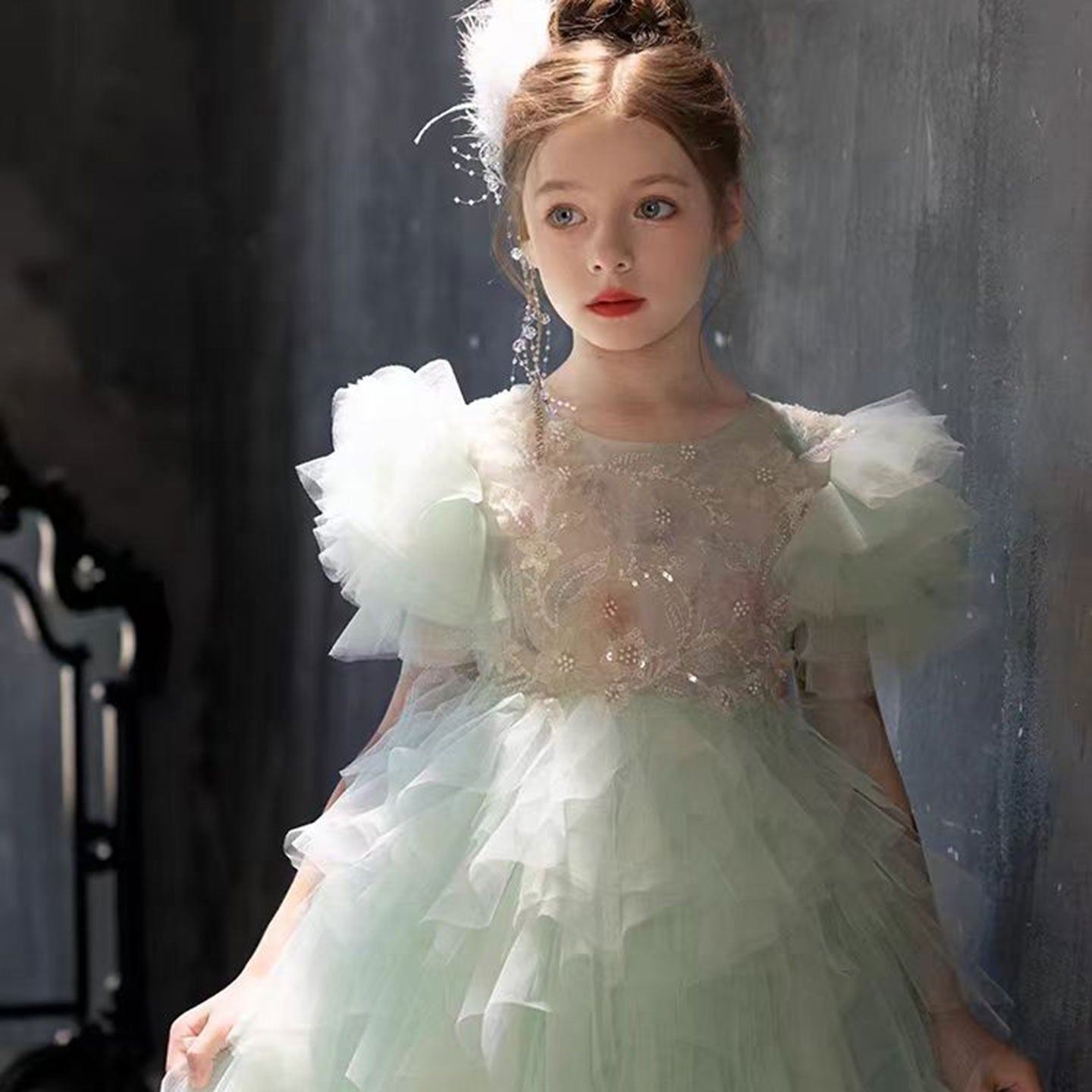 Elegant Sage Green Flower Girl Dress Arabic Princess Kids J077