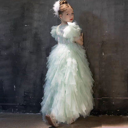 Elegant Sage Green Flower Girl Dress Arabic Princess Kids J077