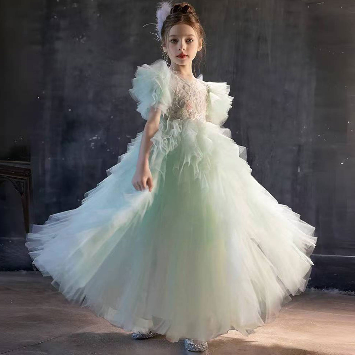 Elegant Sage Green Flower Girl Dress Arabic Princess Kids J077