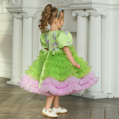 Elegant Sage Green Tulle Girl Dress 3D Flowers knee Length J174