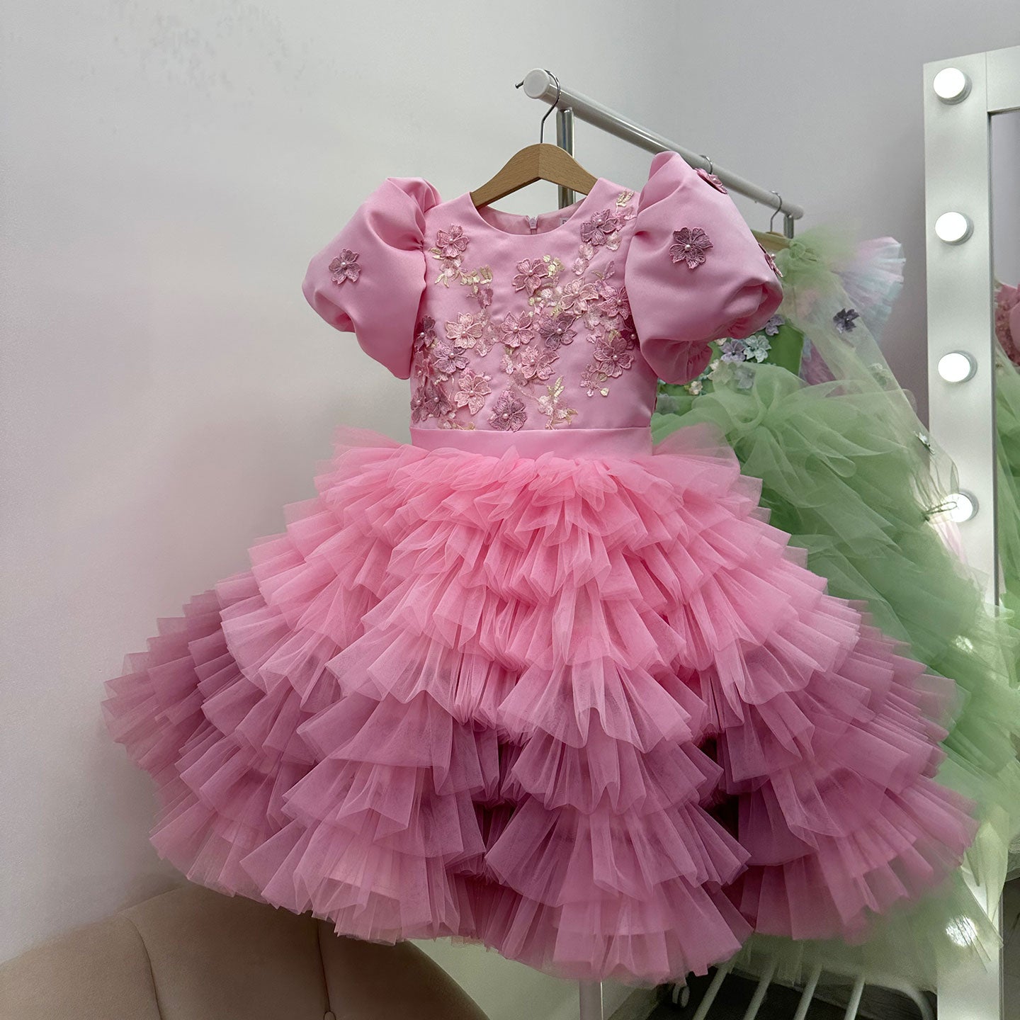 Elegant Sage Green Tulle Girl Dress 3D Flowers knee Length J174