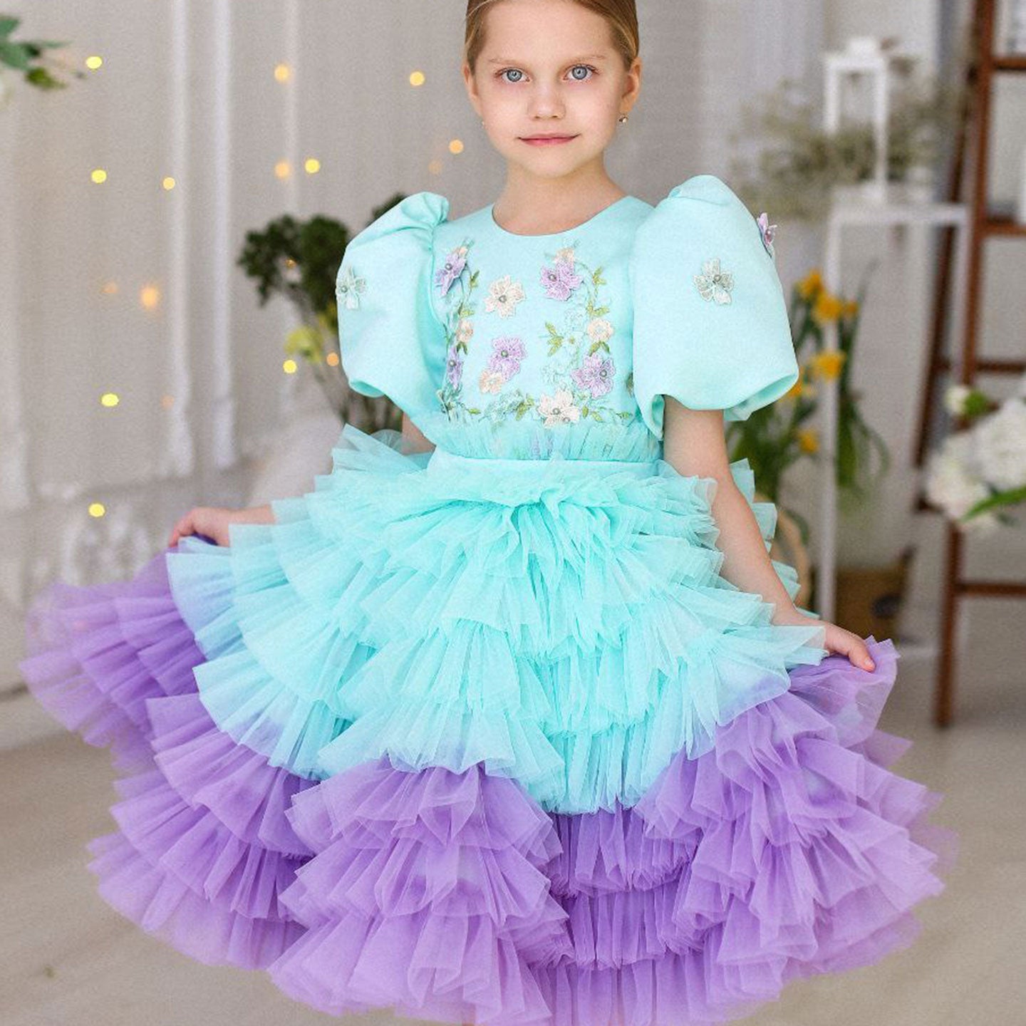 Elegant Sage Green Tulle Girl Dress 3D Flowers knee Length J174