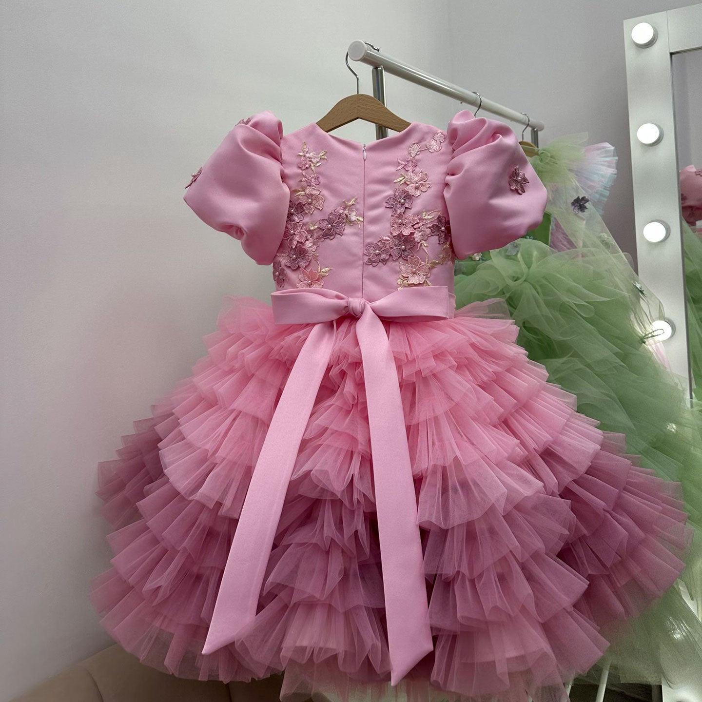 Elegant Sage Green Tulle Girl Dress 3D Flowers knee Length J174