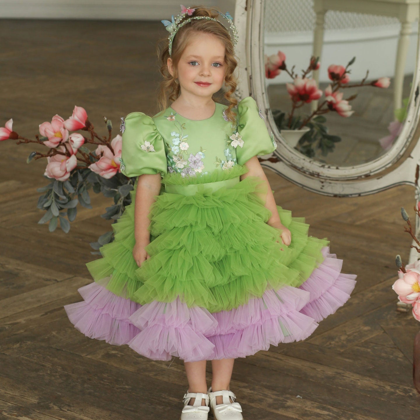 Elegant Sage Green Tulle Girl Dress 3D Flowers knee Length J174