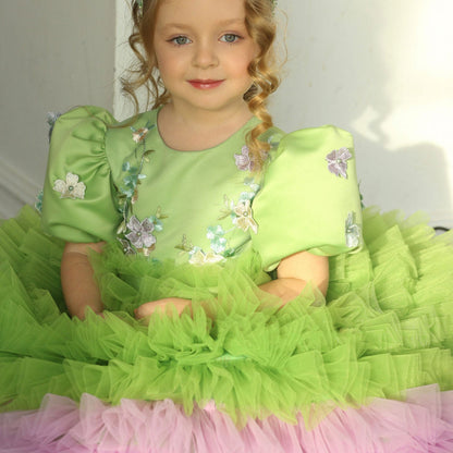 Elegant Sage Green Tulle Girl Dress 3D Flowers knee Length J174
