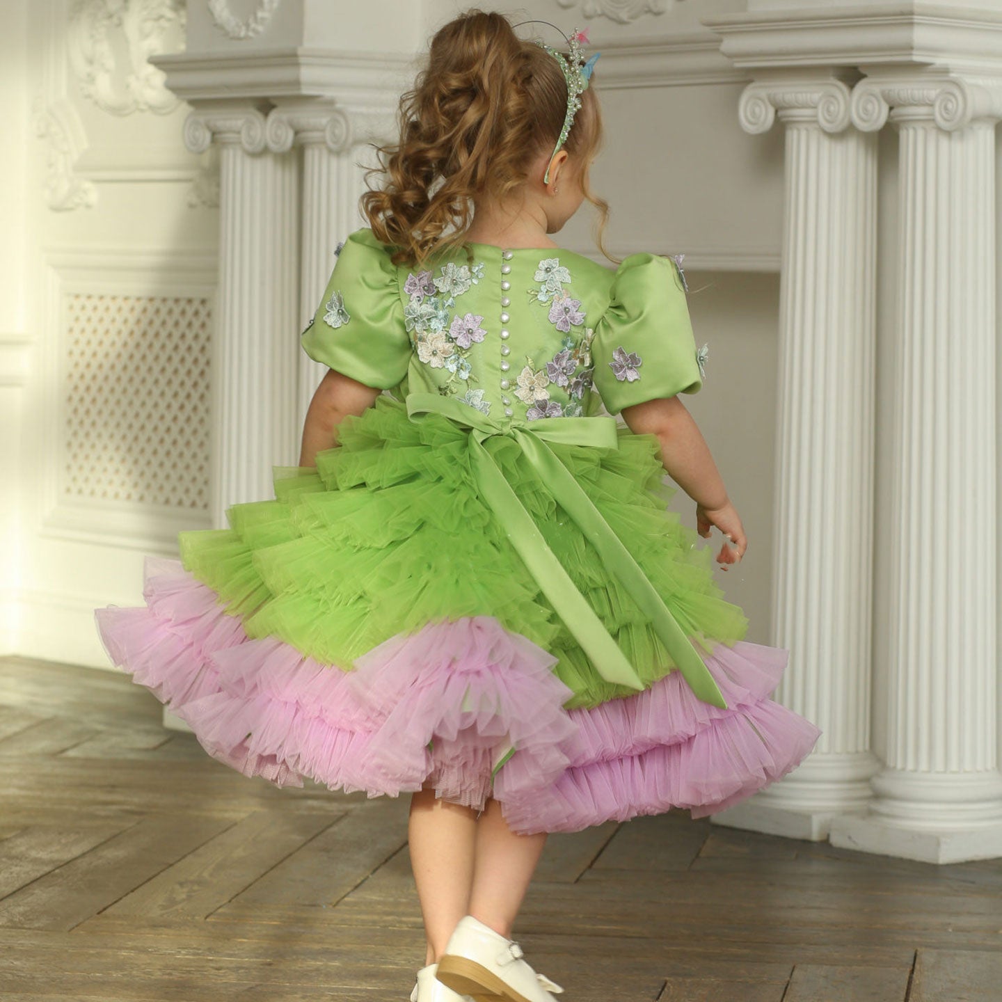 Elegant Sage Green Tulle Girl Dress 3D Flowers knee Length J174