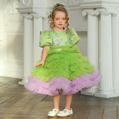 Elegant Sage Green Tulle Girl Dress 3D Flowers knee Length J174
