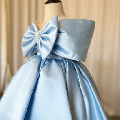 Elegant Satin Beads Flower Girl Dress Blue with Bow Knee Length M181