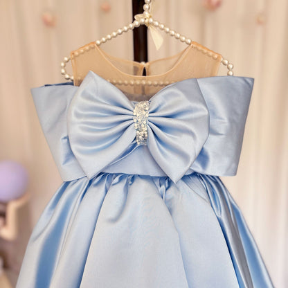 Elegant Satin Beads Flower Girl Dress Blue with Bow Knee Length M181