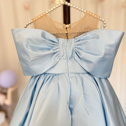 Elegant Satin Beads Flower Girl Dress Blue with Bow Knee Length M181