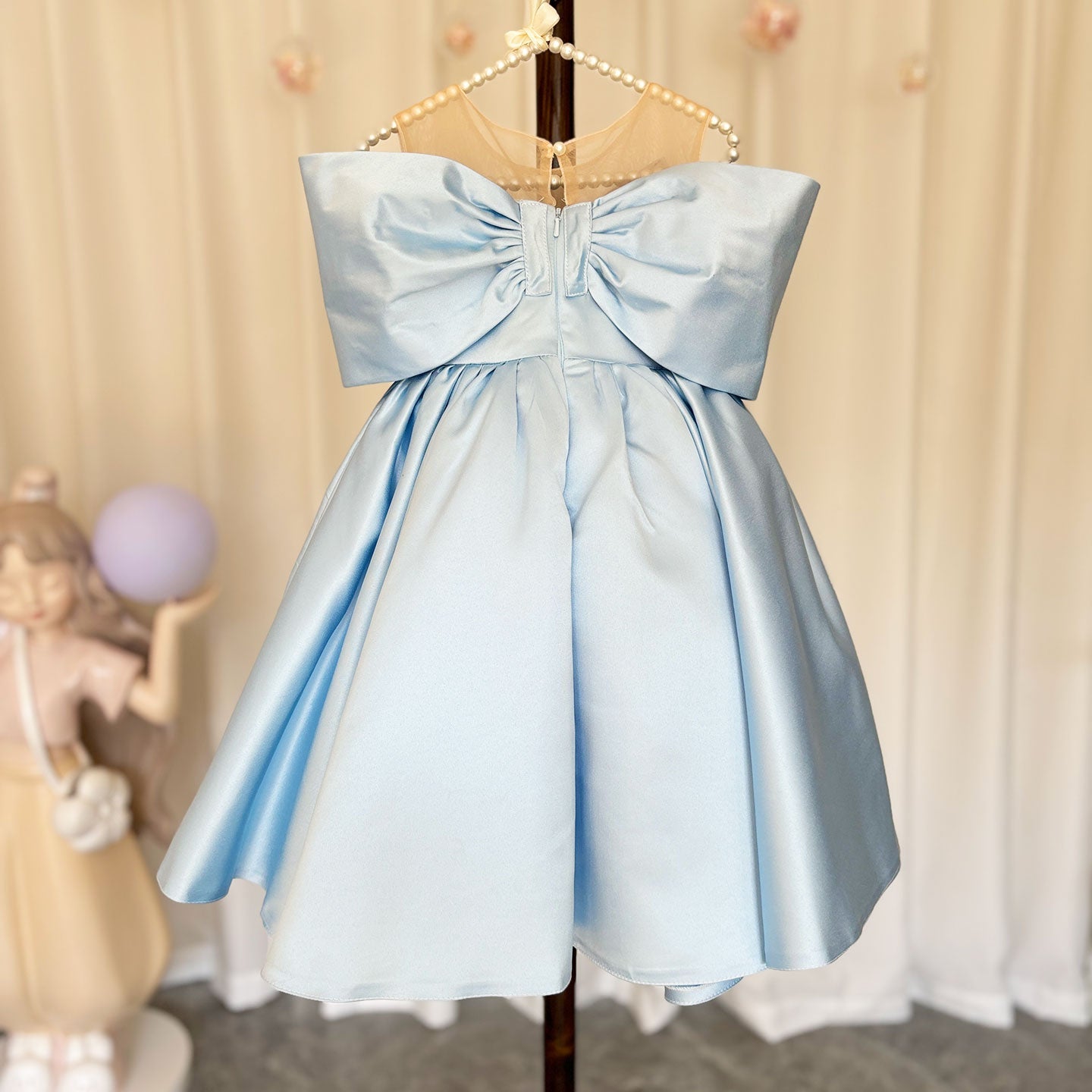 Elegant Satin Beads Flower Girl Dress Blue with Bow Knee Length M181