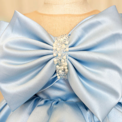 Elegant Satin Beads Flower Girl Dress Blue with Bow Knee Length M181