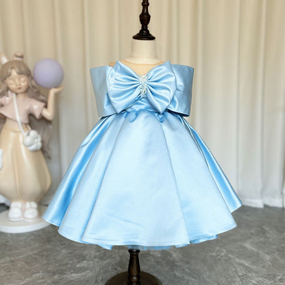 Elegant Satin Beads Flower Girl Dress Blue with Bow Knee Length M181