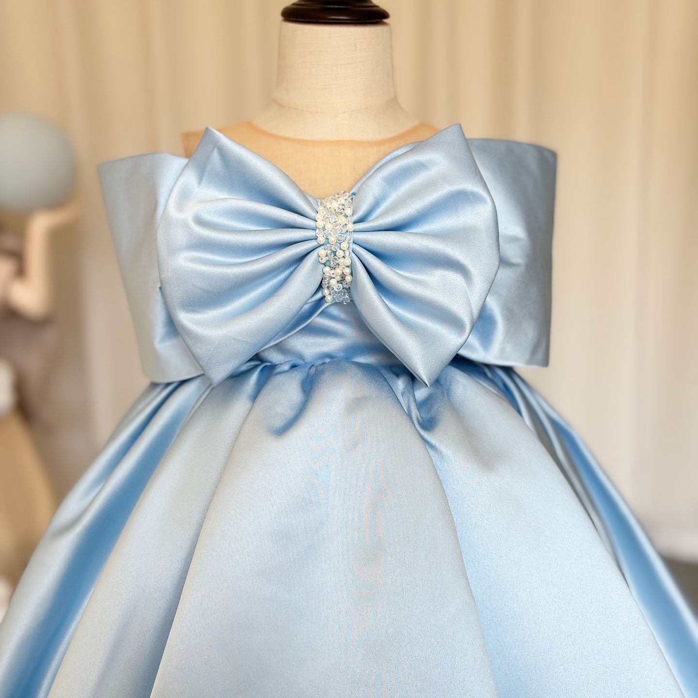 Elegant Satin Beads Flower Girl Dress Blue with Bow Knee Length M181