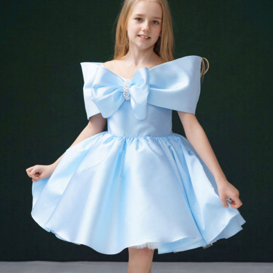 Elegant Satin Beads Flower Girl Dress Blue with Bow Knee Length M181