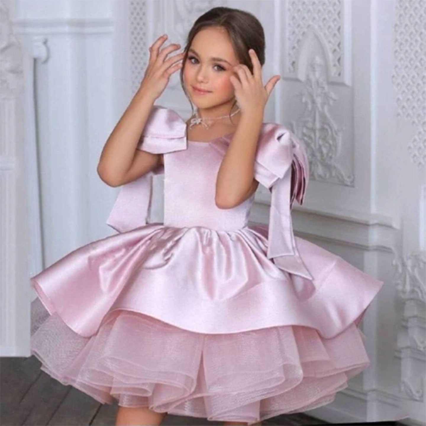 Elegant Satin Fuchsia Girl Dress Off-Shoulder White Princess Gown J159
