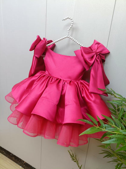 Elegant Satin Fuchsia Girl Dress Off-Shoulder White Princess Gown J159