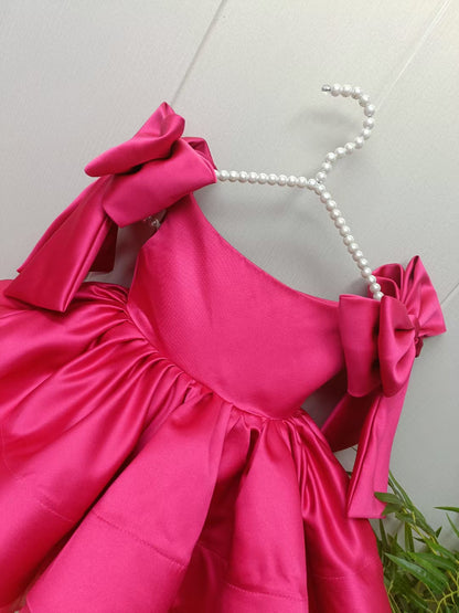 Elegant Satin Fuchsia Girl Dress Off-Shoulder White Princess Gown J159