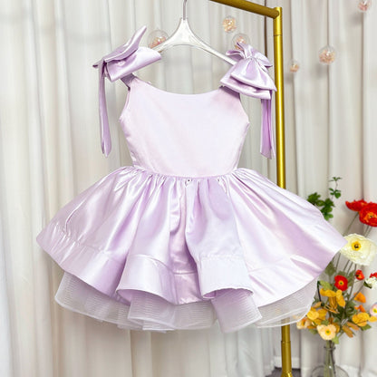 Elegant Satin Fuchsia Girl Dress Off-Shoulder White Princess Gown J159