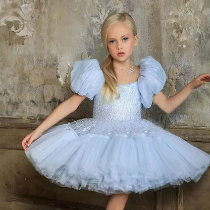 Elegant Sequins Christmas Puffy Sleeve Girl Holiday Party Dress J272