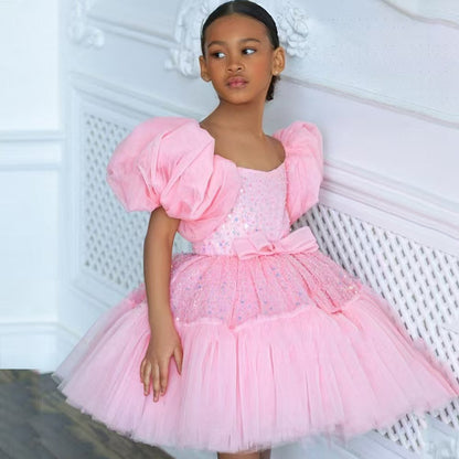 Elegant Sequins Christmas Puffy Sleeve Girl Holiday Party Dress J272