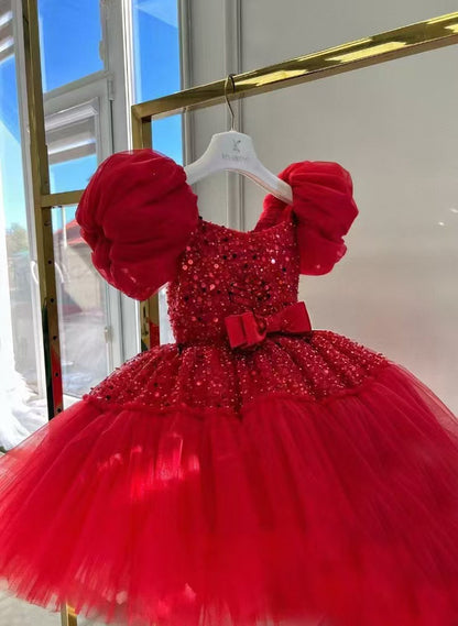 Elegant Sequins Christmas Puffy Sleeve Girl Holiday Party Dress J272