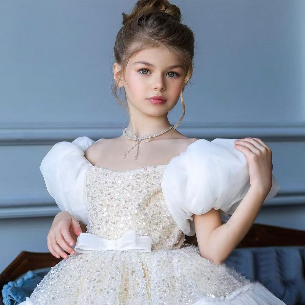 Elegant Sequins Christmas Puffy Sleeve Girl Holiday Party Dress J272