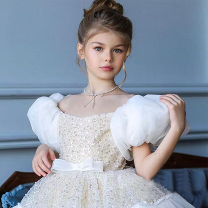 Elegant Sequins Christmas Puffy Sleeve Girl Holiday Party Dress J272