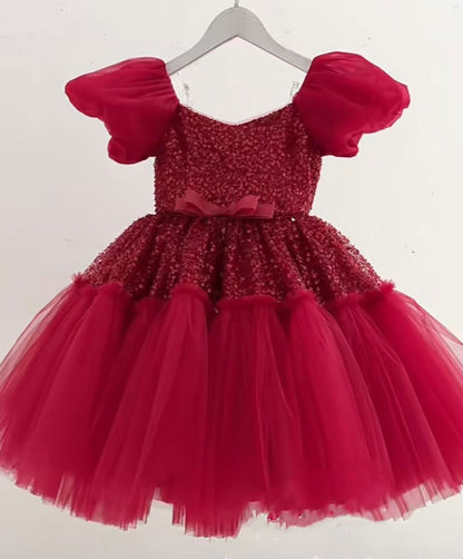 Elegant Sequins Christmas Puffy Sleeve Girl Holiday Party Dress J272