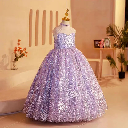 Elegant Shiny Dubai Lilac Girl Dress Beading Princess J242