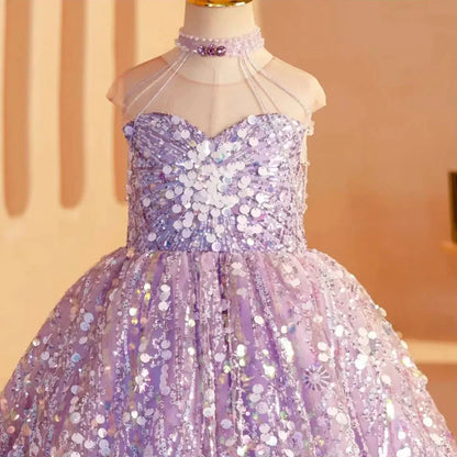 Elegant Shiny Dubai Lilac Girl Dress Beading Princess J242