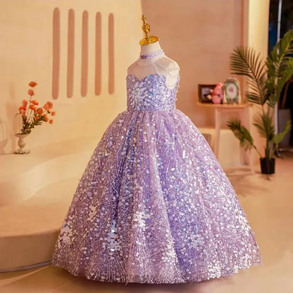 Elegant Shiny Dubai Lilac Girl Dress Beading Princess J242