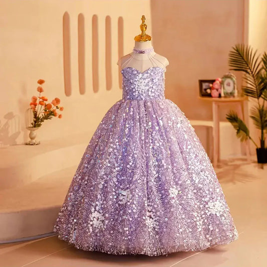 Elegant Shiny Dubai Lilac Girl Dress Beading Princess J242