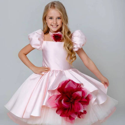 Elegant Square Collar Pink Girl Dress with 3D Flowers Satin Ball Gown J339