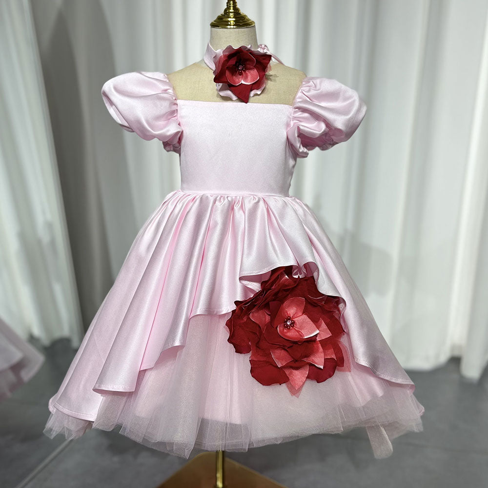 Elegant Square Collar Pink Girl Dress with 3D Flowers Satin Ball Gown J339
