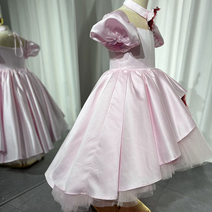 Elegant Square Collar Pink Girl Dress with 3D Flowers Satin Ball Gown J339