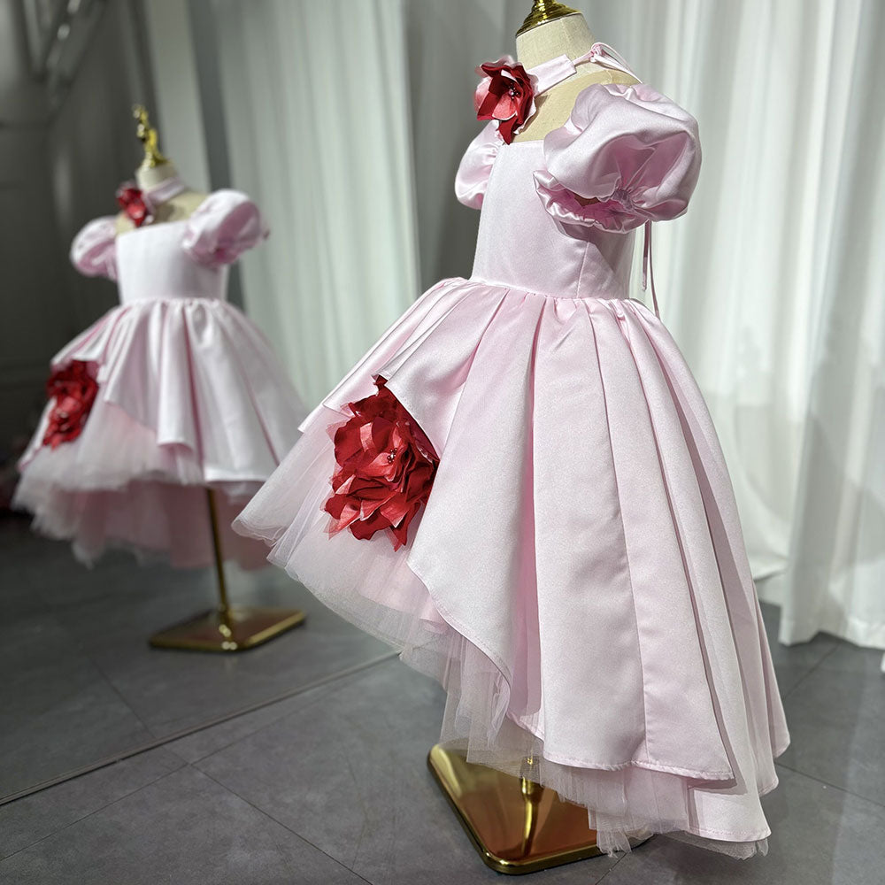 Elegant Square Collar Pink Girl Dress with 3D Flowers Satin Ball Gown J339