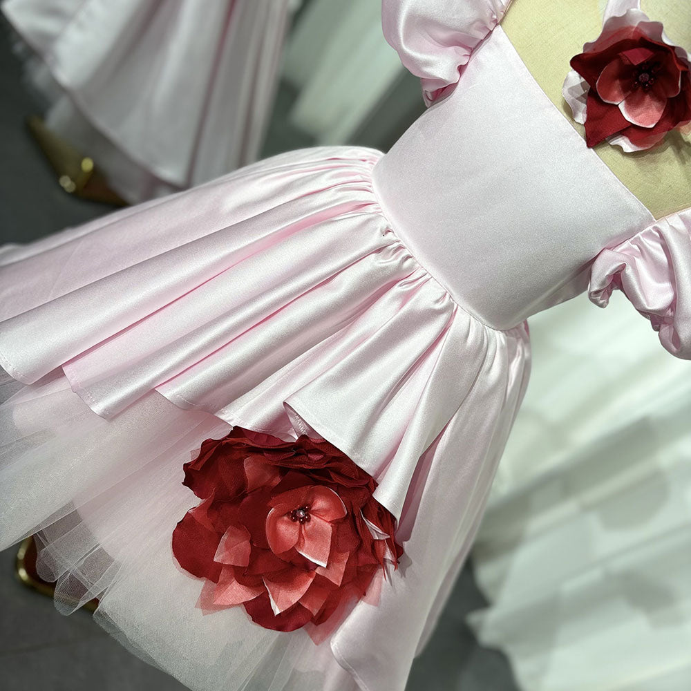 Elegant Square Collar Pink Girl Dress with 3D Flowers Satin Ball Gown J339