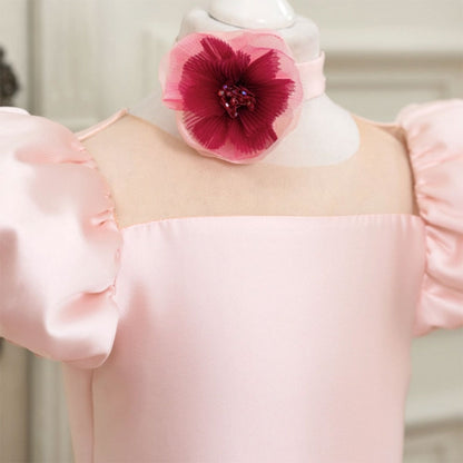 Elegant Square Collar Pink Girl Dress with 3D Flowers Satin Ball Gown J339