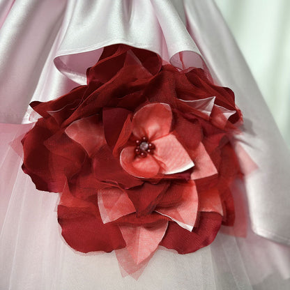 Elegant Square Collar Pink Girl Dress with 3D Flowers Satin Ball Gown J339