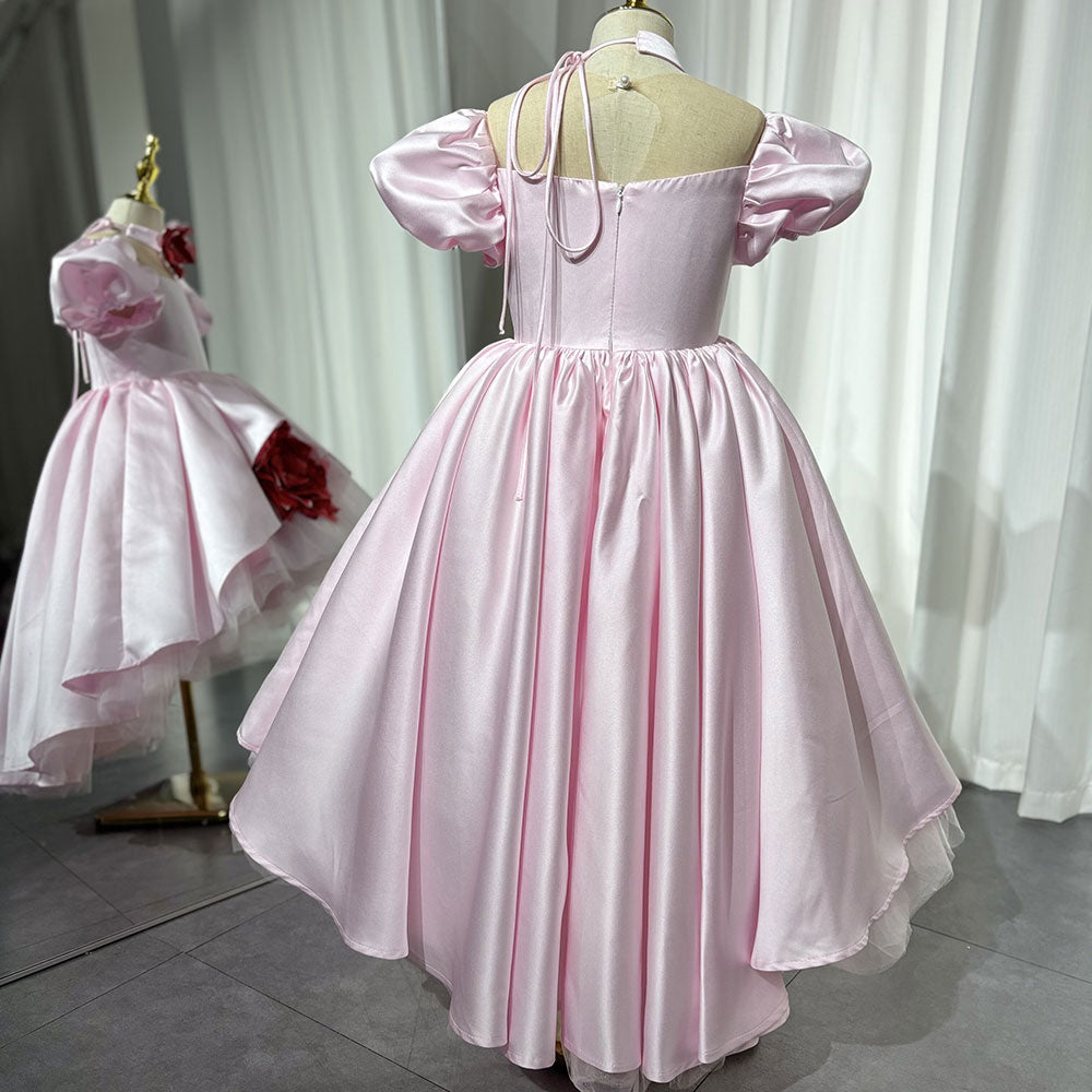 Elegant Square Collar Pink Girl Dress with 3D Flowers Satin Ball Gown J339