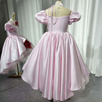 Elegant Square Collar Pink Girl Dress with 3D Flowers Satin Ball Gown J339