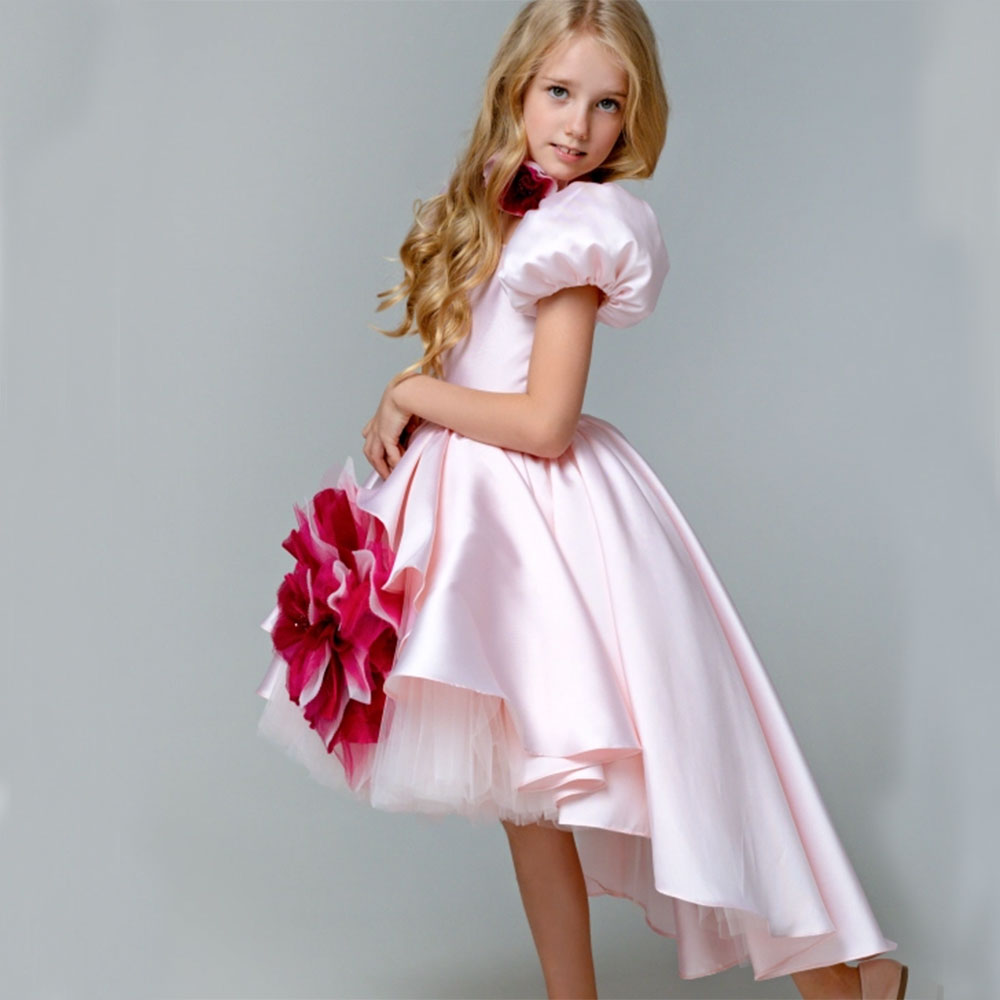 Elegant Square Collar Pink Girl Dress with 3D Flowers Satin Ball Gown J339